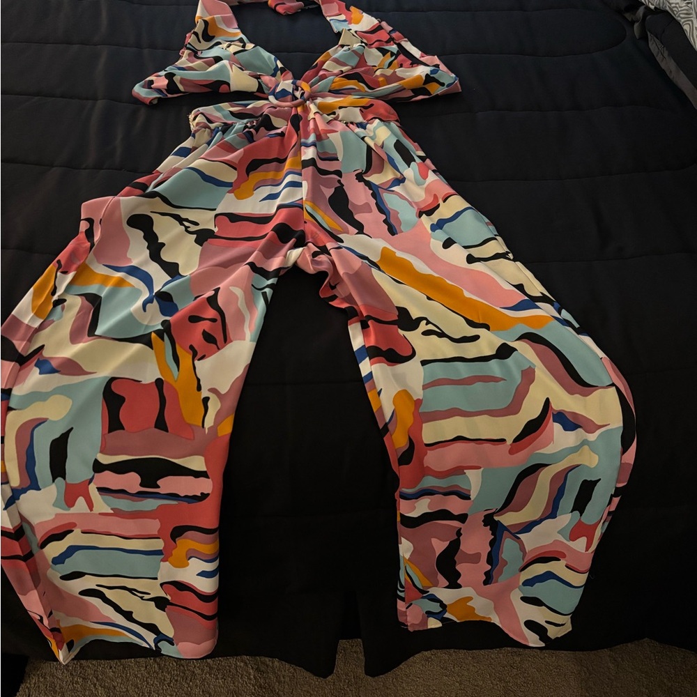 Colorful Abstract Women's  Halter/Back-Out Jumpsuit